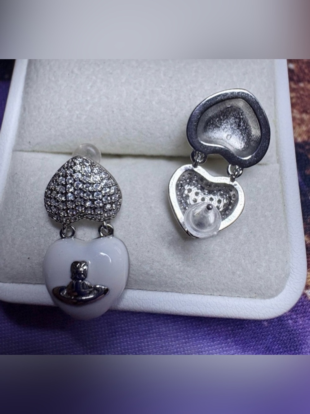 White Heart Drop Earrings with Crystal Pavé Tops - Picture 2 of 4